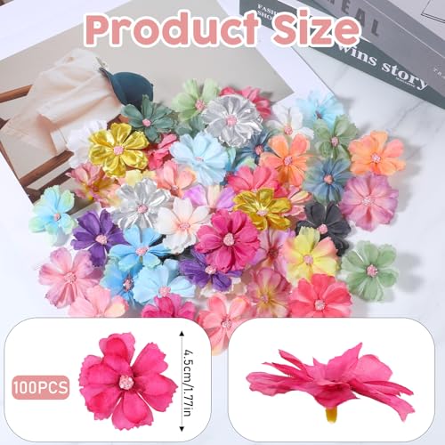 100PCS Small Fake Flowers for Crafts Paper Flowers Embellishments 3D Mini Artificial Silk Daisy Flower Fabric Applique Flower Heads for DIY Graduation Cap Garland Decoration Wedding Party Garden
