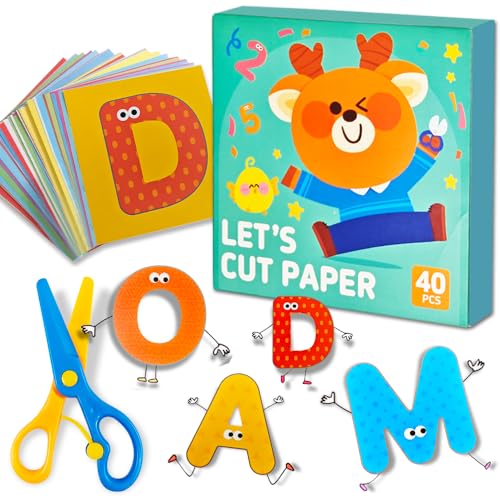 Flamax Scissor Skills Activity Book Craft Scissors Set Includes Safety Scissor & 40 Colored Cardstock Paper Templates, Safety Scissors for Kids Ages 2-4, Colored Cardstock Paper - color: Letter