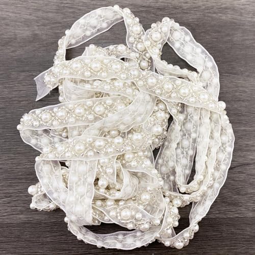 3Yards Pearl Beaded Trim Lace Ribbon Trimming Edge Embellishments for Sewing Bridal Dress Party Clothes Wedding Decoration Fabric Crafts DIY (Ivory Ribbon) - color: Ivory Ribbon