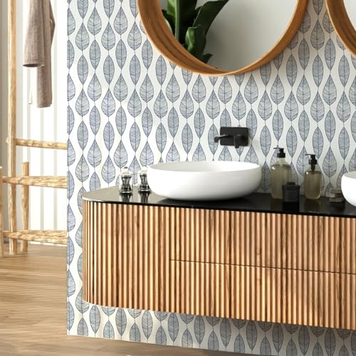 Stripy Leaf Wallpaper Botanical Leaves Wall Art Mural Self Adhesive Decals | Modern leaf wall stickers, removable vinyl wallpaper, peel and stick, waterproof, for living room bedroom bathroom home decor - color: Blue Leaf Wallpaper