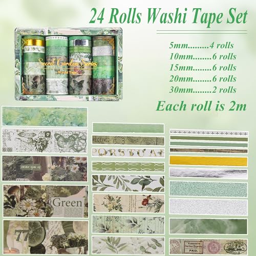Washi Tape Set, 24 Rolls Vintage Washi Stickers, Assorted Sizes, for Junk Journal Scrapbook Tape, Bullet Journaling Scrapbooking Supplies, Planner Sticker DIY Craft DéCor (Green) - color: Green