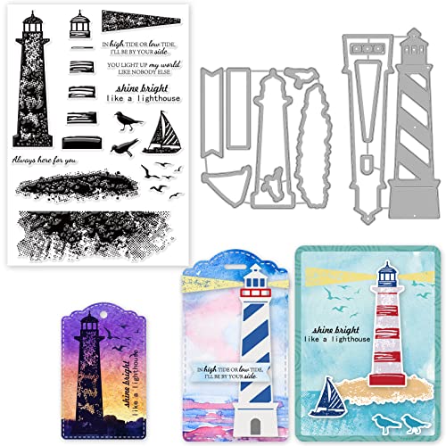 INFUNLY Lighthouse Stamps and Dies for Card Making Metal Cutting Die and Stamping Set Word Seagull Rubber Clear Stamping Christmas Thanksgiving Gifts for DIY Craft Scrapbooking Decor - color: Lighthouse Stamps and Dies