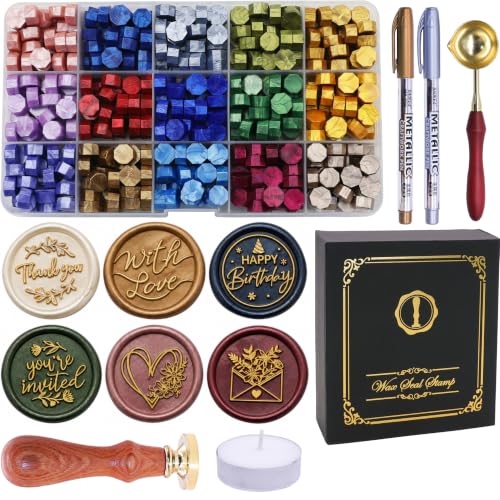 SWANGSA Blessing Wax Seal Stamp Kit with Sealing Wax Beads | Wax Stamp Seal Kit for Wedding Invitations, Envelopes, Snail Mails, Wine Packages, Christmas Cards, Gift Wraps - color: Phrases