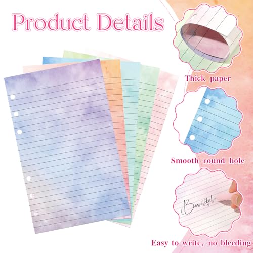 100 Sheets Gradient A5 Refill Papers for Planner Binder Insert, 120GSM Thick Loose Leaf Lined Paper, 6 Hole Notebook Filler for A5 6 Ring Travel Journal Diary Budget Binder, Watercolor - color: Lined & Gradient