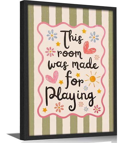 Framed 'This Room Was Made For Playing' Kids Wall Art, Cute Colorful Floral Heart Canvas Print, Playful Nursery Decor for Playroom Bedroom Living Room Guest Room - color: Floral-3, size: 24"L x 16"W