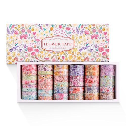 PAGEMORE 32 Rolls Washi Tape Set, Colored Floral Decorative Masking Tape, Artists Tapes for Junk Journal, Journaling, DIY Craft Projects, Scrapbooking Supplies Decor - color: Colorful Floral