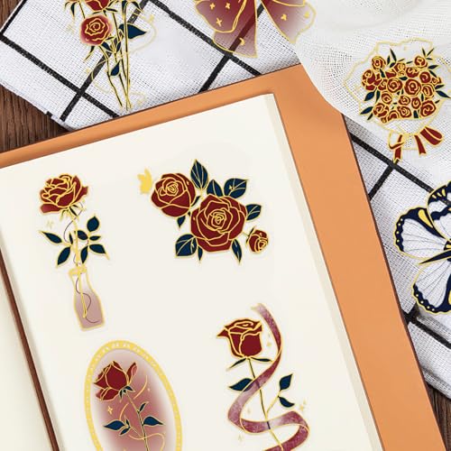 50 Pcs Rose Gold Foil Stickers Vintage Waterproof for Journals | Transparent vinyl decals with elegant vintage rose gold designs. Perfect for laptops, guitars, tablets,travel mugs - style: Vintage Rose