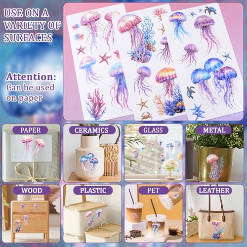 WANDIC 3 Sheets Transfer Stickers for Furniture,3D UV DTF Rub on Transfer Stickers for Craft Dream Jellyfish Cup Warp Waterproof Scrapbook Decals Decorative for Cards Glass Wood DIY Crafts,15 * 30cm - color: Dream Jellyfish