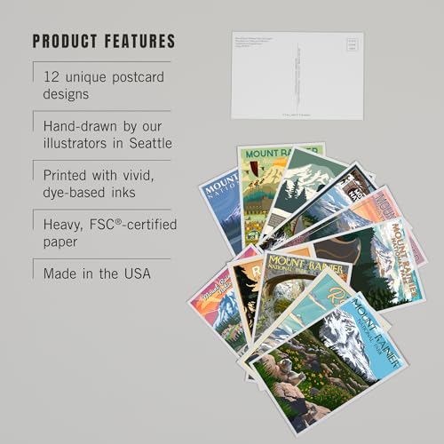 Lantern Press Mount Rainier National Park - Postcard Set of 12 Different Original Hand Illustrated Postcards … - color: Mount Rainier National Park