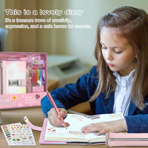 Diary with Lock for Girls Ages 8-12, 256-Page Pink Journal Gift Set