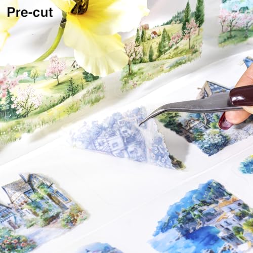 6 Rolls Four Seasons Landscape PET Tape for Scrapbook Journaling | Pre-cut cottages, mountains, forests and seasonal blossoms; transparent and water-resistant for collages and crafts - style: Four Seasons