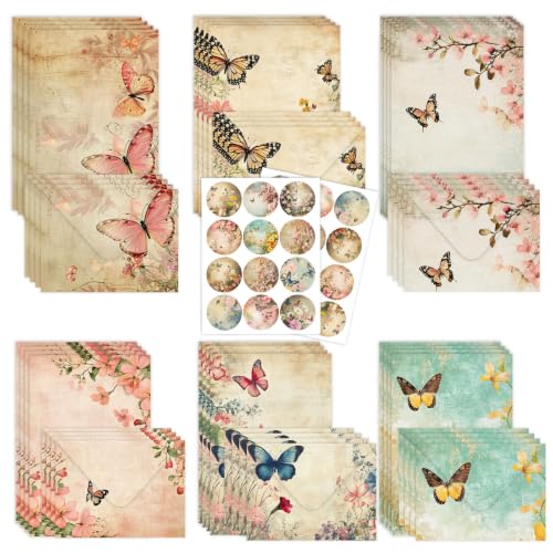 50 Pcs Stationery Paper Envelopes Set,No-Bleed Lined (6Style) | Includes 24 Unlined Writing Paper & 24 Envelopes & 24 Stickers, Vintage Butterfly Letter Writing Stationery Paper Envelopes - color: Vintage Butterfly