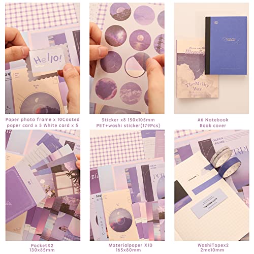 emmoolife 348 Pcs Scrapbooking Supplies Kit, Vintage Aesthetic Scrapbook Kit for Bullet Junk Journal, Stationery, A6 Grid Notebook, DIY Journaling Supplies, Birthday Craft Gift for Teen Girl Women - color: Moonlight