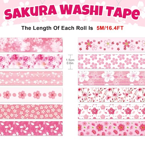 Whaline 12 Rolls Cherry Blossom Flower Washi Tape Floral Masking Tape Set Pink Sakura Decorative Wrapping Paper Tapes Boxed for Spring Scrapbook Journal DIY Crafts - style: Cherry Blossom