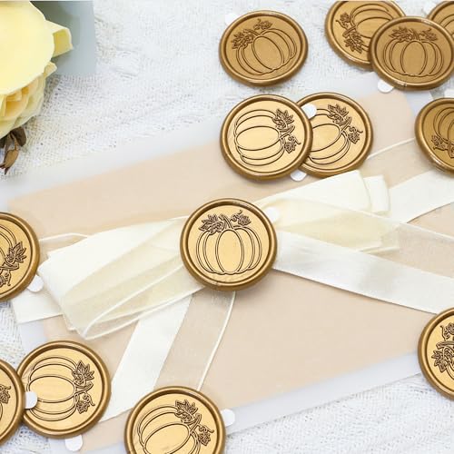 SWANGSA 50 Pack Fall Pumpkin Wax Seal Stickers, Antique Gold Self-Adhesive Envelope Seal Stickers for Halloween Thanksgiving Autumn Wedding Invitations Cards - size: 50 Pack, style: Fall Pumpkin