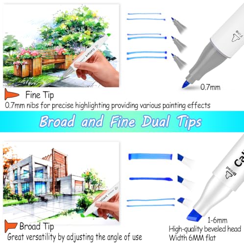 Caliart 81 Colors Alcohol Markers for Adult Coloring Books, Fine & Chisel - style: Fine & Chisel Tip