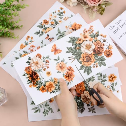 Floral Furniture Transfers Stickers, 6 Sheets Vintage Orange Flowere Rub on Transfers Stickers Waterproof Decorative Sticker Decal for DIY Crafts Wood Glass, 5.91×11.81 in - color: Orange Blooms