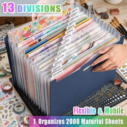 12x12 Scrapbook Paper Storage Organizer, Expandable 13 Pocket Desktop Paper Organizer Storage for Scrapbook Essentials, Large Scrapbook Storage for Photos, Washi Tape, Sticker (Dark Blue) - color: Dark Blue