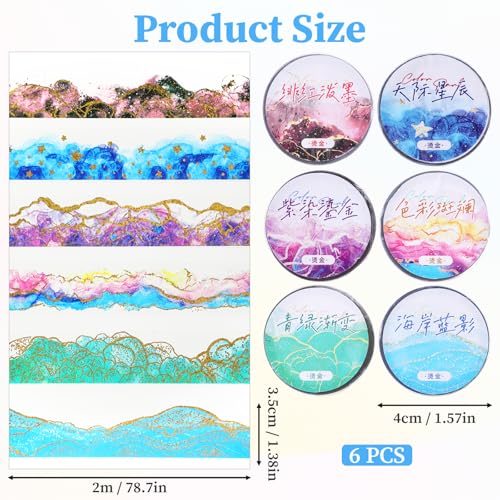 6 Rolls Pet Tape Stickers Washi Tape Gradient Watercolor Tape Craft Tape Journaling Tape Purple Washi Tape Vintage Washi Tape Aesthetic Tape for Crafts Pet Stickers for Journaling 1.38in Wide - style: Watercolor