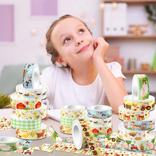 12 Pcs Farm Animals Washi Tape Set - Adorable Animal Patterned Decorative Masking Tape for Scrapbooking, Planner DIY, Craft Projects & Gift Wrapping