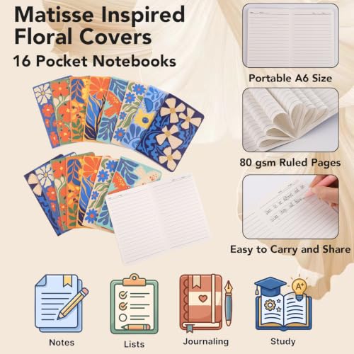 BESARME 16 Pack Mini Inspirational Notebooks, Mini Kraft Journals Bulk Small Lined Pocket Notebook for Students School Supplies Employee Appreciation Gifts - color: Matisse Floral