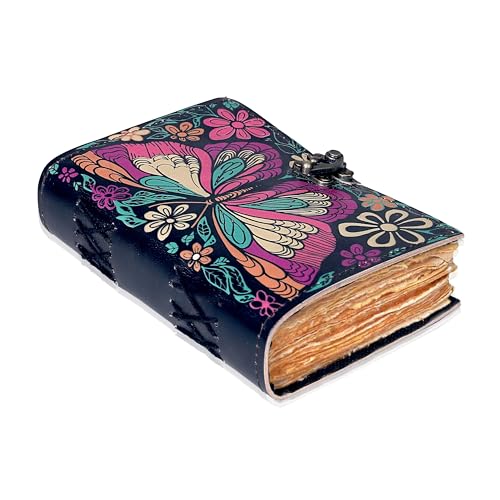 Handmade Colorful Butterfly Leather Journal Floral Printed Diary with Vintage Deckle Edge Paper Antique Writing Journal for Men and Women Travel Diary for Notes Sketching Drawing and Gifting 5x7 inches - color: Black