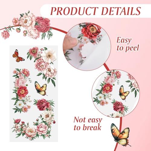 Flower Rub on Transfer Stickers, 3 Sheets Peony Rub on Furniture Transfers Floral Border Rub on Transfer Decals for Wood Crafts Bookcase Table Wardrobe Desk DIY Home Decor - color: Pink Peony