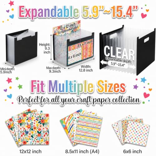 12x12 Scrapbook Paper Storage Organizer, Expandable 13 Pocket Desktop Paper Organizer Storage for Scrapbook Essentials, Large Scrapbook Storage for Photos, Washi Tape, Sticker (Black) - color: Black