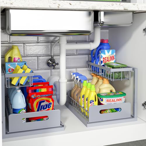 REALINN Under Sink Organizer, L-Shaped 2 Tier Pull Out Cabinet Organizer - color: Grey, size: 2 Pack