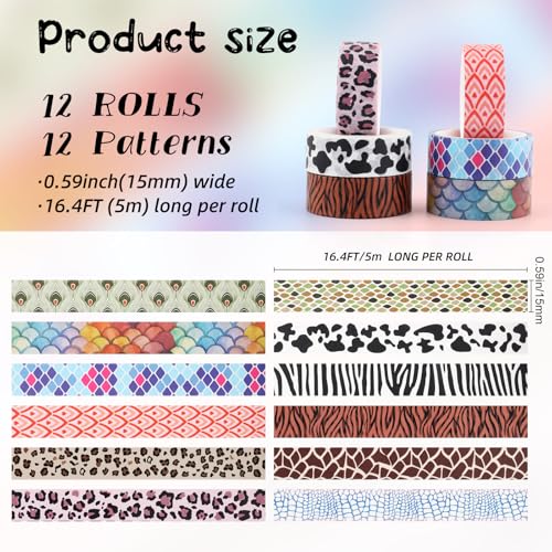 12 Rolls Leopard Animal Print Washi Tape Set,Cute Animal Pattern Decorative Tape,Cheetah Cows Zebra Peacock Decorative Masking Tapes for DIY Scrapbook Journaling Handbook Making Card Wrap Craft Gift - style: Animal Grain