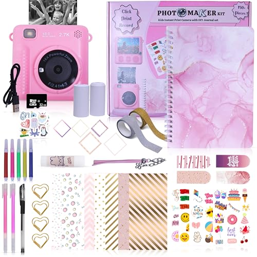 Photomaker Kit - Instant Print Camera for Kids Plus DIY Journal Kit for Girls - 150 Pcs Tween Journal & Camera for Girls - 6 7 8 9 10 11 12 13 14 Year Old Girl (Pink) - style: Pink