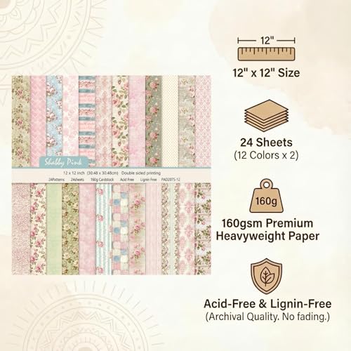 Boho Scrapbook Paper 12x12 - 24 Sheets Flower Patterned Cardstock Paper Pads,Coloured Double-Sided Decorative Craft Papers Pack for Scrapbooking, Junk Journaling, and Card Making (Shally Pink) - color: Shally Pink