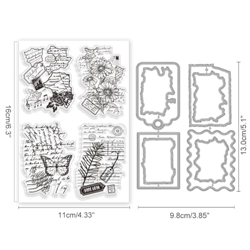 INFUNLY 2 Set Vintage Plant Word Clear Stamps and Dies for Card Making Chrysanthemum Stamps and Die Cuts Flower Leaf Silicone Stamp Retro Background Embossing Template for DIY Scrapbooking Album Decor - style: Animal&Plants