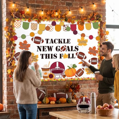 Tackle New Goals Fall Football Classroom Bulletin Board Decor | Sports Autumn Paper Cutouts Set, Back to School Decorations Supplies - color: Tackle New Goals Fall Football