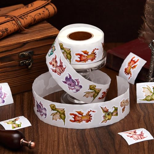 Qeeenar 500 Pcs Dragon Animal Stickers Roll, Reward Decals for Kids | 8 Cute Designs, Suitable for Teacher Rewards, Classroom Party Favor, Scrapbooking Decoration, Motivational Incentive Stickers - style: Dragon Animal
