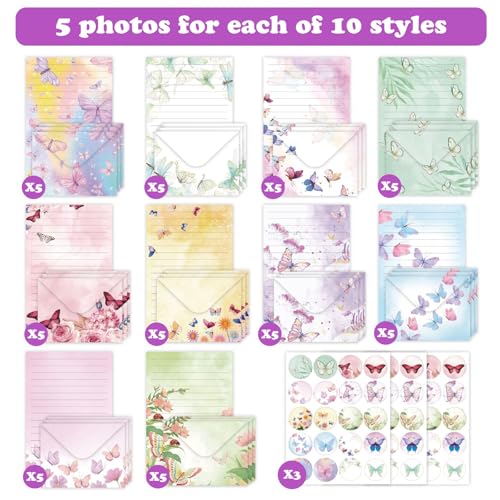 160 Pcs Stationery Paper Envelopes Set | Includes 50 Writing Paper & 50 Envelopes & 60 Stickers, Butterfly Letter Writing and Stationery Paper Envelopes(10Style) - color: Watercolor Butterfly