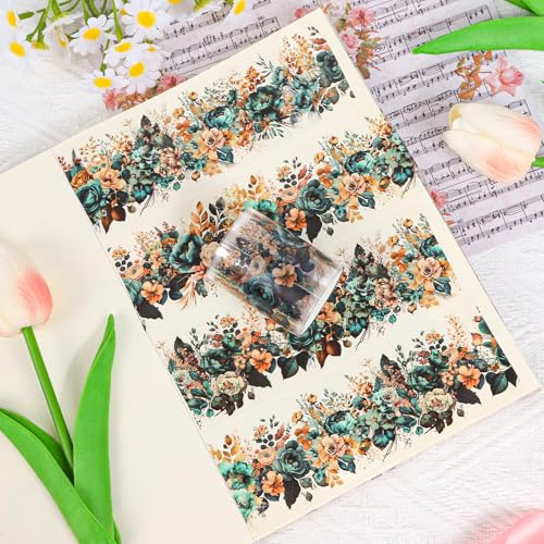 Sitsink PET Tape for Journal Scrapbooking - Vintage Teal Green Floral PET Tape Stickers for Crafts Junk Journal Supplies Notebook Scrapbook DIY Décor - style: Misty Bloom