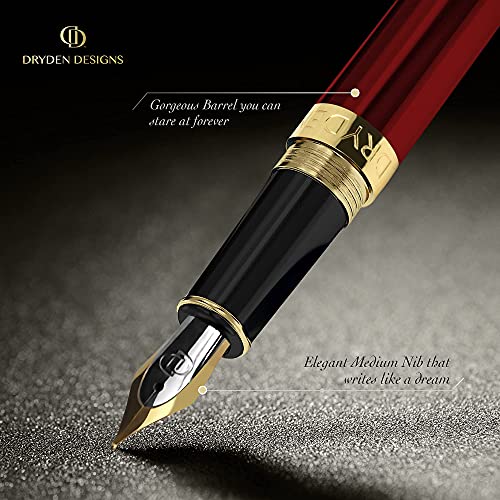 Dryden Designs Fountain Pen Medium Nib Gift Pouch - with 24 Ink Cartridges - MCM (Red) - color: Red