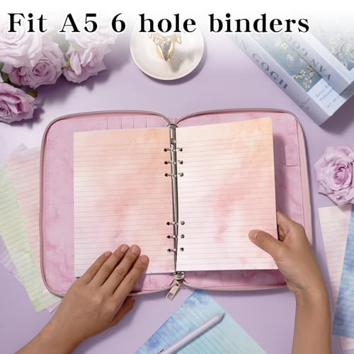 100 Sheets Gradient A5 Refill Papers for Planner Binder Insert with Pink Pu Leather Binder Cover, Refillable 6 Ring Binder Journal with 120GSM Thick Watercolor Notebook Fillers for Girls Women - color: Gradient A5 Notebook Binder
