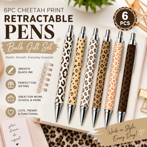 6PC Cheetah Print Retractable Pens Bulk Gift Set Cute Girly Leopard Jaguar Animal Prints Teachers Writing Pen Office Desk Accessories Journal Planner School Supplies Party Favor Gifts for Women Adults - style: Cheetah