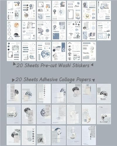 40 Sheets Vintage Washi Stickers Book for Adults, Scrapbook Ephemera with 180pcs Moon Stickers and 20 Adhesive Scrapbooking Papers, Bullet Junk Journaling Supplies - color: Blue Planet Theme
