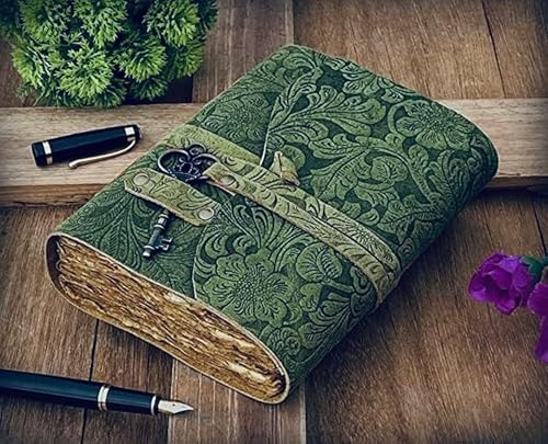 Embossed Leather Journal with Antique Key Vintage Pages Handmade Journal Leather Sketchbook Notepad Leather Travel Journal Book of Shadows Leather grimoire (A Green, 8x6 Inch) - color: A Green, size: 8x6 Inch