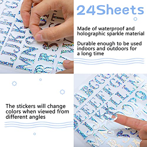 2160 Pieces 24 Sheets Holographic Laser Letter Stickers, Sparkly Colors | Glitter Self Adhesive Stickers, Shiny Alphabet DIY Small Vinyl Decorative Decals, for Cups Scrapbooks Window Door Cars - color: Sparkly Colors