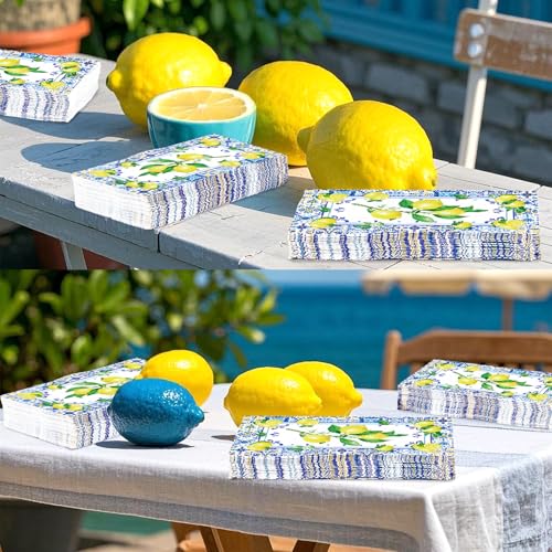 100Pcs Lemons Paper Napkins 3Ply Blue Tile Pattern Italian Bathroom Napkins - style: 100Pcs Lemons Napkins