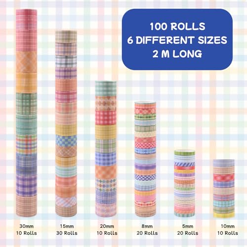 Plaid Washi Tape Set, 100 Rolls Basic Grid Decorative Masking Tapes