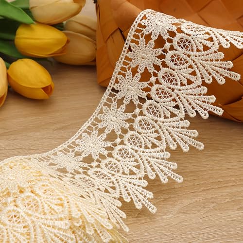 GXTIZAS Beige Lace Ribbon 3.2Inch Wide Lace Trim for Sewing | scalloped embroidery for vintage weddings, costumes, pillows, curtains, gift décor and romantic DIY creations Crafts - color: Beige