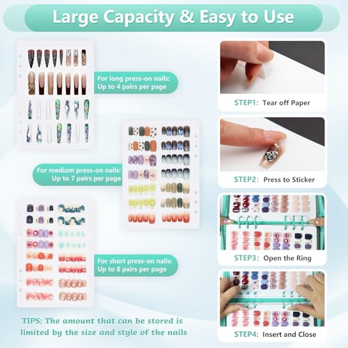 KEIFIN A5 Press On Nail Book Display Storage Organizer Binder, Cyan - color: CYAN