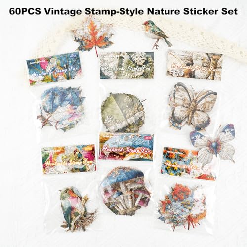 Retro Natural Collage Cardstock Sticker Pack – 60pcs Butterflies Birds Leaves Mushrooms DIY for Scrapbook Junk Journal Cardmaking Tags Collage & Item Decoration - color: Handmade Prints