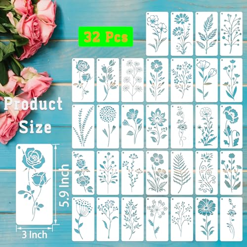 32 Pcs Wildflower Stencils for Painting on Wood, Reusable Flower Leaf Stencils Plastic DIY Craft Drawing Templates Set for Wall Paper Canvas Home Decor