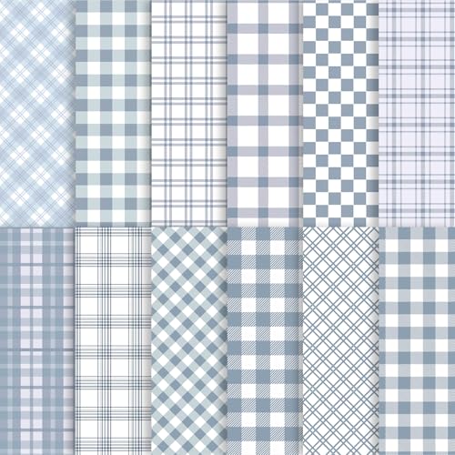 24 Sheets Dusty Blue Plaid Scrapbook Paper, Double Side Dusty Blue Lattice Decorative Craft Paper Folded Flat for Spring Easter Birthday Card Making Baby Showers Photo Album Decor, 12'' x 12''
